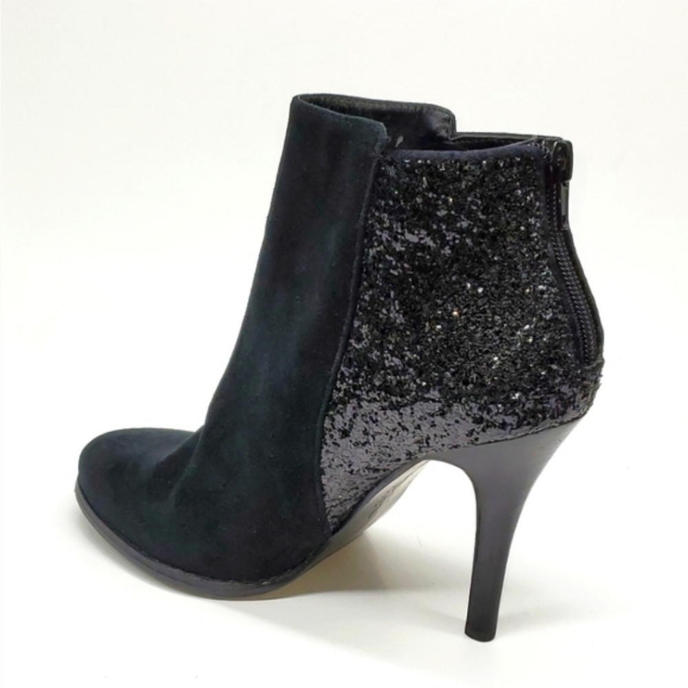 BCBG Paris Milan Black Faux Leather Suede Black Glitter Ankle Booties 6B